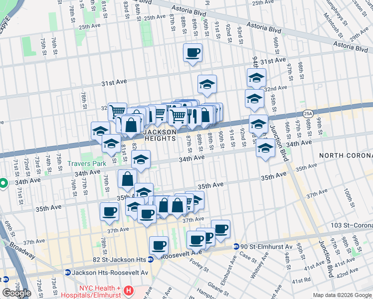 map of restaurants, bars, coffee shops, grocery stores, and more near 33-34 87th Street in Queens