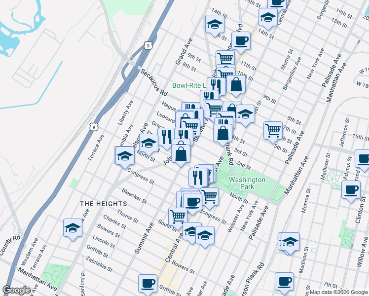 map of restaurants, bars, coffee shops, grocery stores, and more near 3664 John F. Kennedy Boulevard in Jersey City