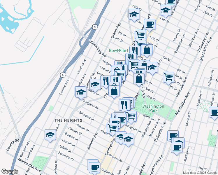 map of restaurants, bars, coffee shops, grocery stores, and more near 3664 John F. Kennedy Boulevard in Jersey City
