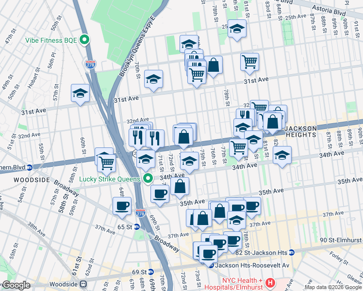 map of restaurants, bars, coffee shops, grocery stores, and more near 733 Northern Boulevard in Queens