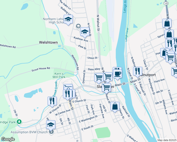 map of restaurants, bars, coffee shops, grocery stores, and more near 320 Williams Street in Slatington