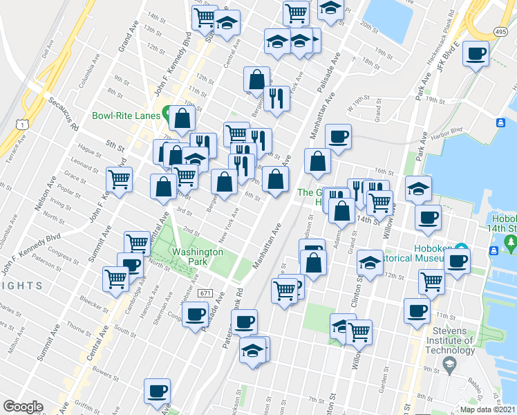 map of restaurants, bars, coffee shops, grocery stores, and more near 600 Palisade Avenue in Union City