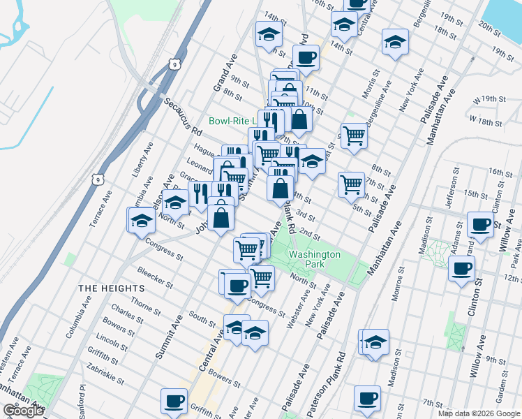 map of restaurants, bars, coffee shops, grocery stores, and more near 23 Leonard Street in Jersey City