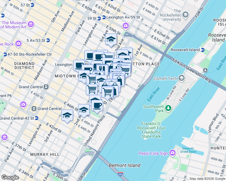 map of restaurants, bars, coffee shops, grocery stores, and more near 351 East 51st Street in New York