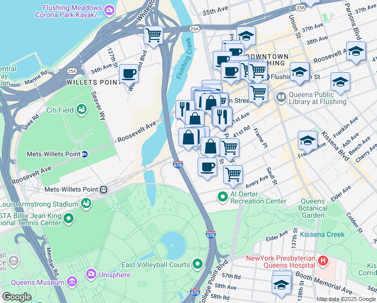 map of restaurants, bars, coffee shops, grocery stores, and more near 131-02 40th Road in Queens