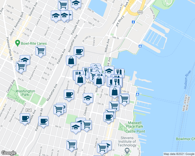 map of restaurants, bars, coffee shops, grocery stores, and more near 1426 Willow Avenue in Hoboken