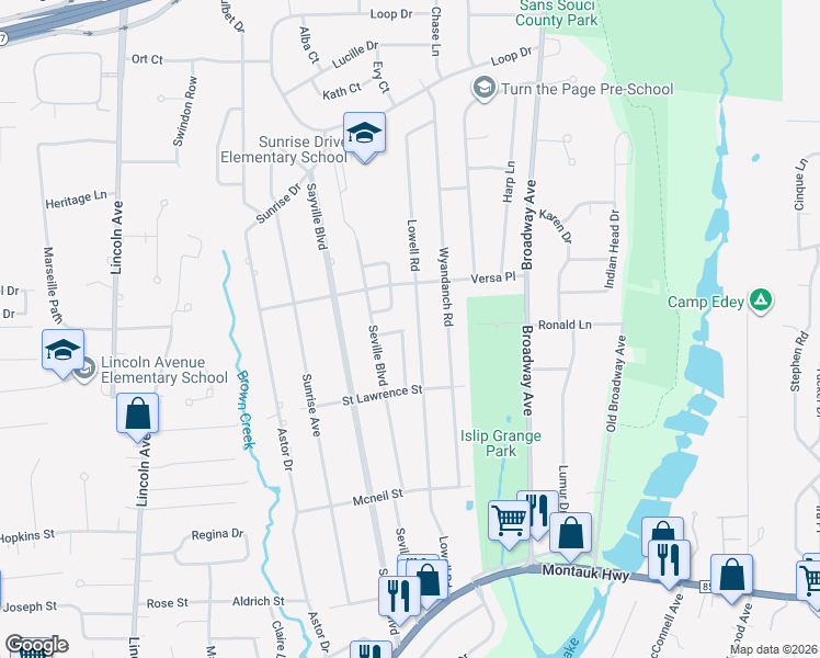 map of restaurants, bars, coffee shops, grocery stores, and more near 227 Lowell Road in Sayville
