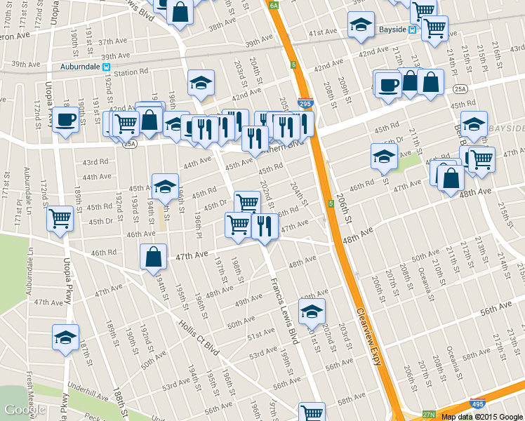 map of restaurants, bars, coffee shops, grocery stores, and more near 200-26 46th Avenue in Queens