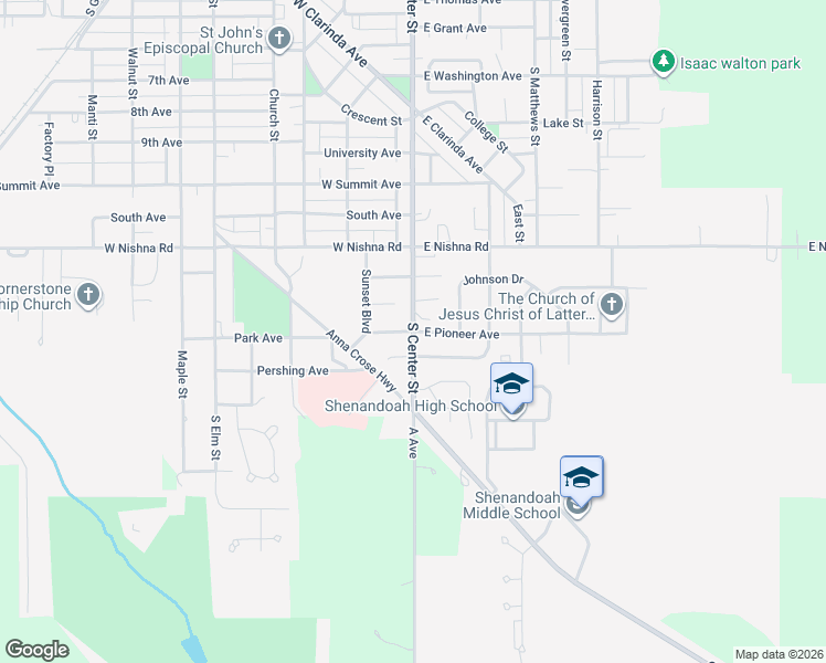 map of restaurants, bars, coffee shops, grocery stores, and more near 101 West Pioneer Avenue in Shenandoah