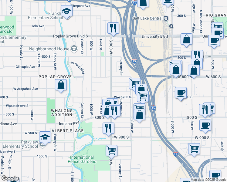 map of restaurants, bars, coffee shops, grocery stores, and more near 663 South 900 West in Salt Lake City