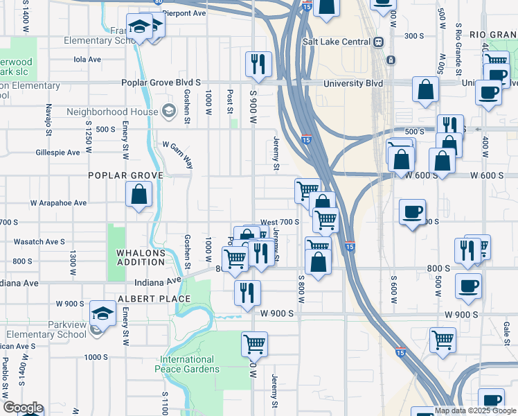 map of restaurants, bars, coffee shops, grocery stores, and more near 663 South 900 West in Salt Lake City