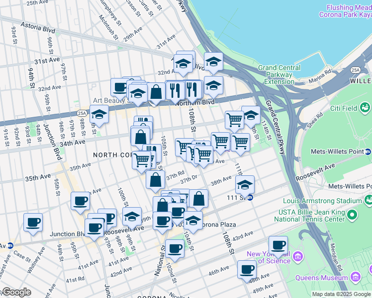 map of restaurants, bars, coffee shops, grocery stores, and more near 34-47 107th Street in Queens