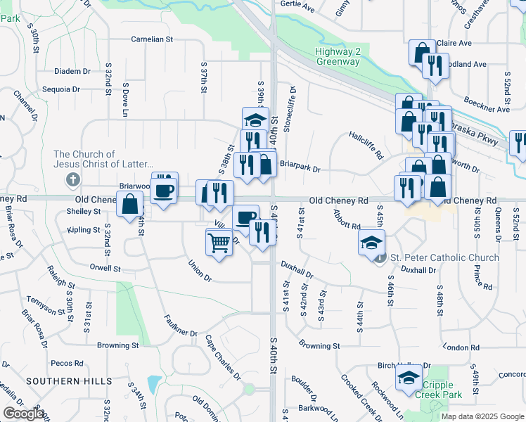 map of restaurants, bars, coffee shops, grocery stores, and more near 3901 Old Cheney Road in Lincoln