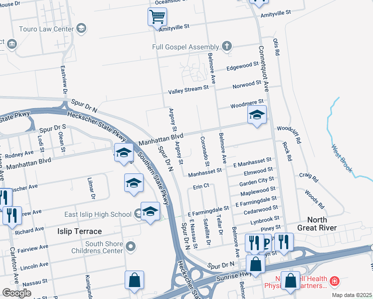 map of restaurants, bars, coffee shops, grocery stores, and more near 15 Rolan Court in Islip Terrace