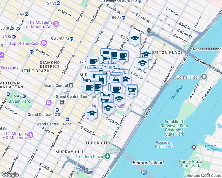map of restaurants, bars, coffee shops, grocery stores, and more near 234 East 50th Street in New York