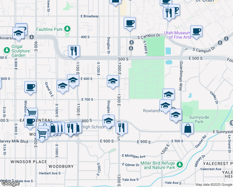map of restaurants, bars, coffee shops, grocery stores, and more near 668 1300 East in Salt Lake City