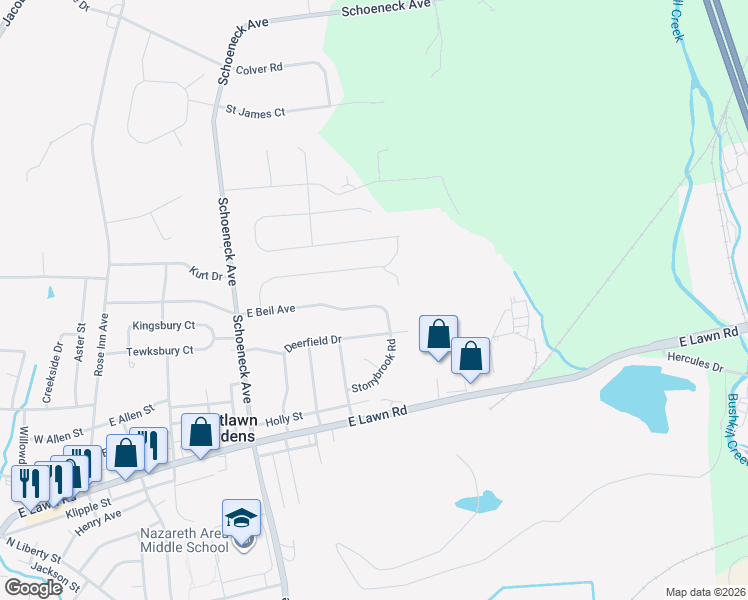 map of restaurants, bars, coffee shops, grocery stores, and more near 464 East Beil Avenue in Nazareth