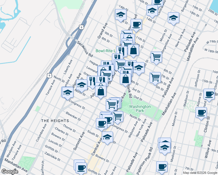 map of restaurants, bars, coffee shops, grocery stores, and more near in Jersey City
