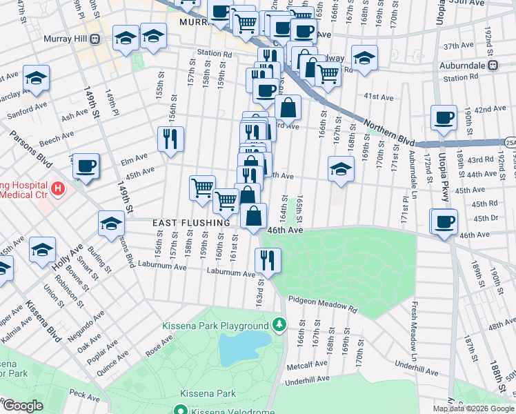 map of restaurants, bars, coffee shops, grocery stores, and more near 45-49 162nd Street in Queens
