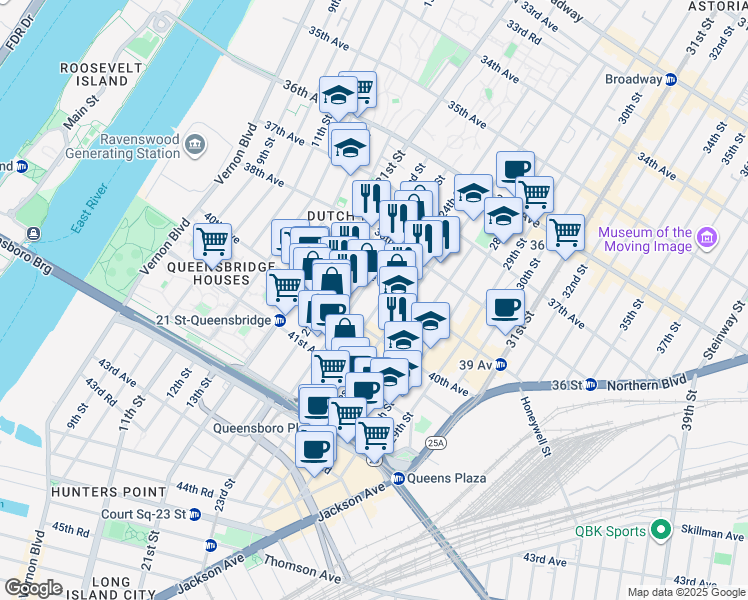 map of restaurants, bars, coffee shops, grocery stores, and more near 38-33 24th Street in Queens