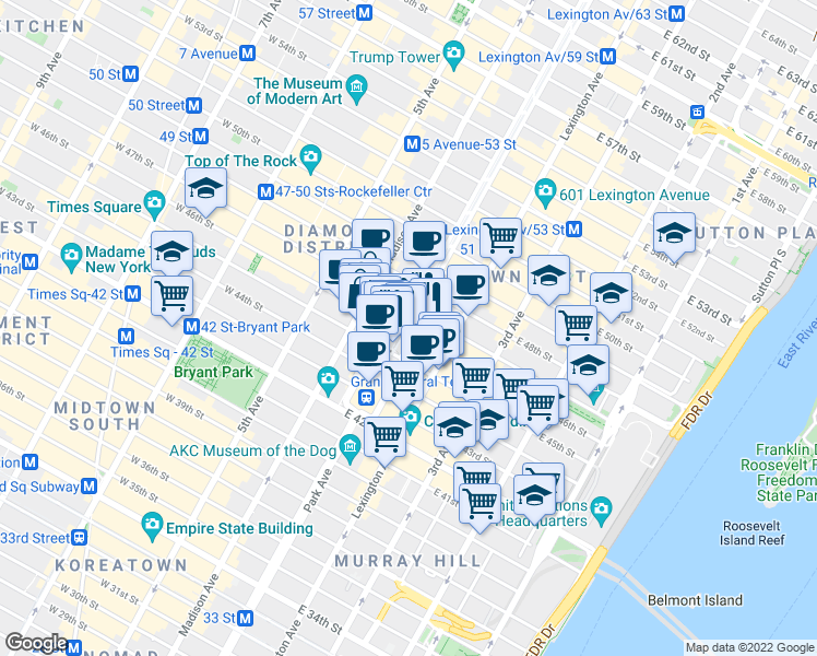 map of restaurants, bars, coffee shops, grocery stores, and more near 231 Park Avenue in New York