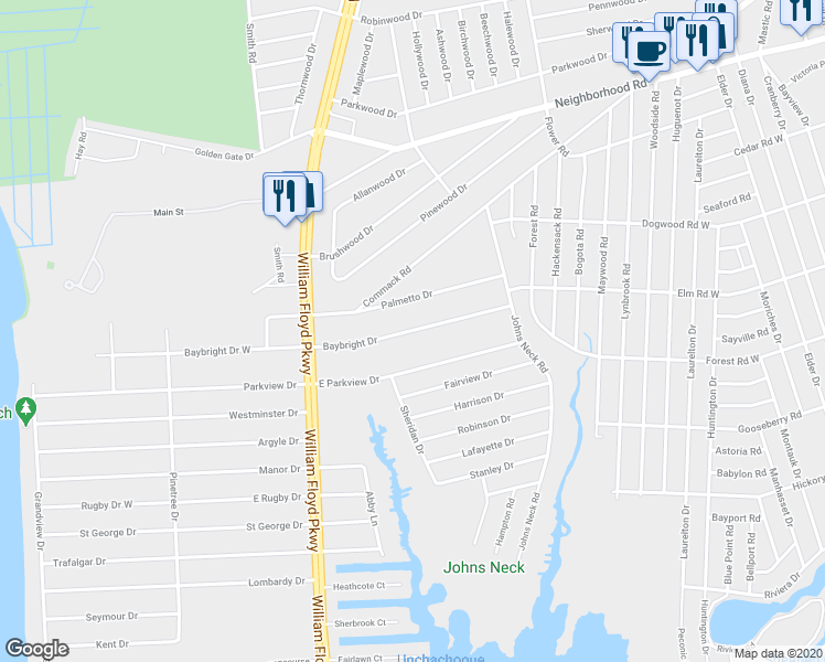 map of restaurants, bars, coffee shops, grocery stores, and more near 132 Baybright Drive in Shirley