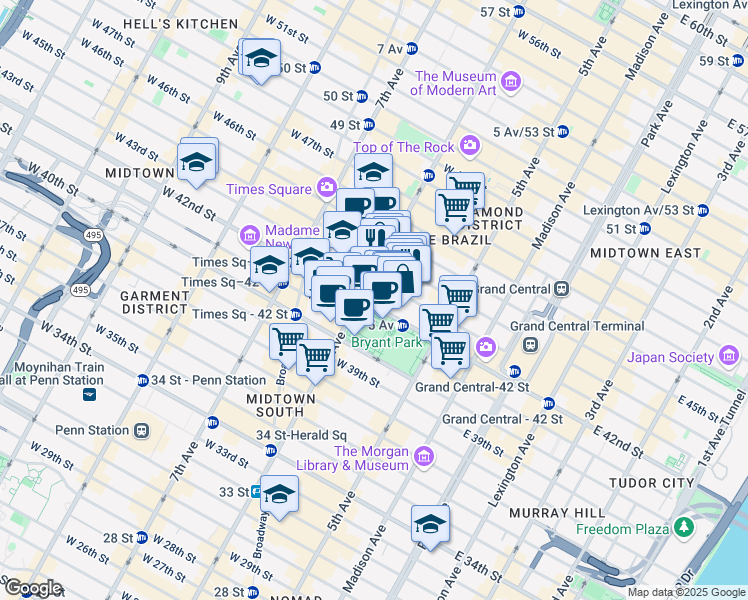 map of restaurants, bars, coffee shops, grocery stores, and more near 1100 Avenue of the Americas in New York