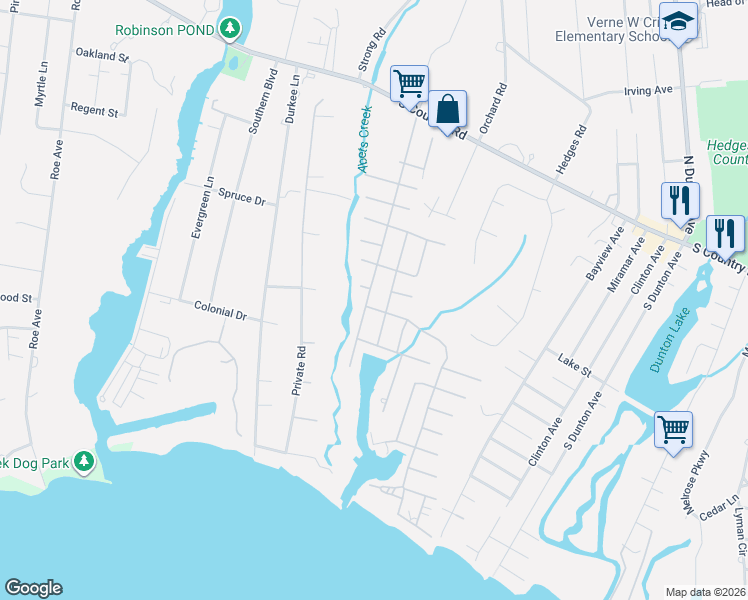 map of restaurants, bars, coffee shops, grocery stores, and more near 37 Roosevelt Boulevard in Patchogue