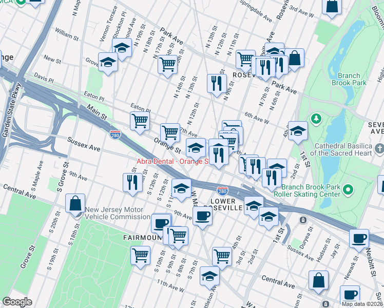 map of restaurants, bars, coffee shops, grocery stores, and more near 563 Orange Street in Newark