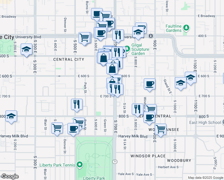 map of restaurants, bars, coffee shops, grocery stores, and more near 654 South 700 East in Salt Lake City