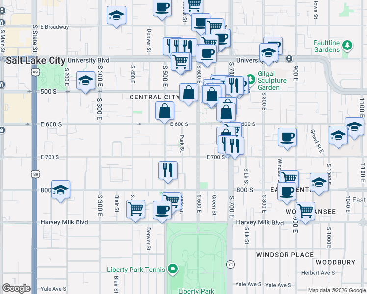 map of restaurants, bars, coffee shops, grocery stores, and more near 648 600 East in Salt Lake City