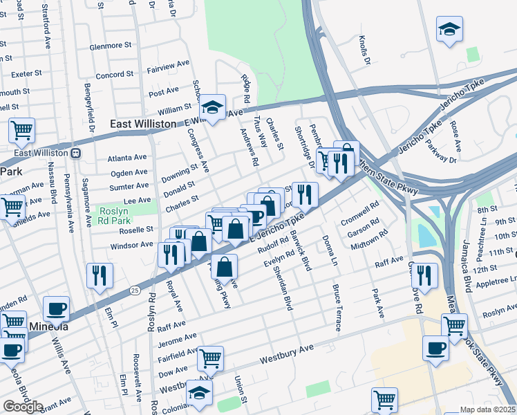 map of restaurants, bars, coffee shops, grocery stores, and more near 227 Brown Street in Mineola