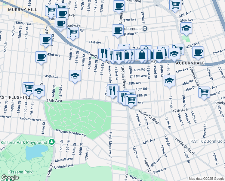 map of restaurants, bars, coffee shops, grocery stores, and more near 45-18 172nd Street in Queens