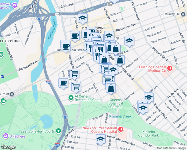 map of restaurants, bars, coffee shops, grocery stores, and more near 134-21 Maple Avenue in Queens