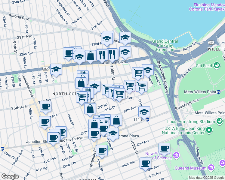 map of restaurants, bars, coffee shops, grocery stores, and more near 34-40 107th Street in Queens