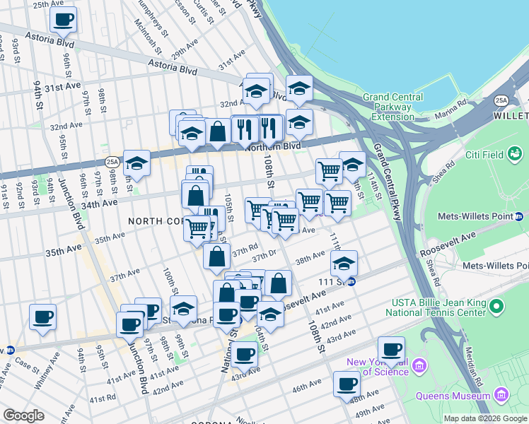 map of restaurants, bars, coffee shops, grocery stores, and more near 34-40 107th Street in Queens