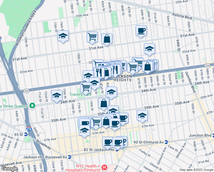 map of restaurants, bars, coffee shops, grocery stores, and more near 33-16 82nd Street in Queens