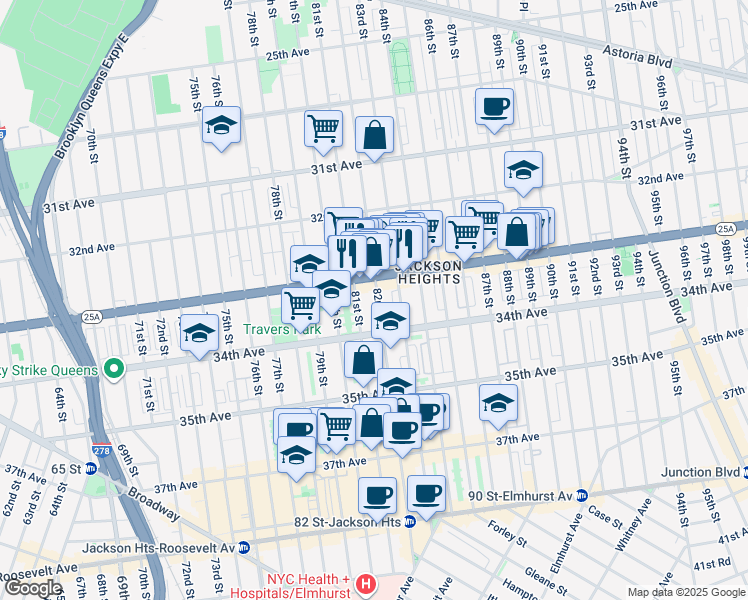map of restaurants, bars, coffee shops, grocery stores, and more near 33-16 82nd Street in Queens