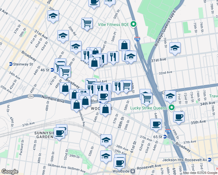 map of restaurants, bars, coffee shops, grocery stores, and more near 32-14 55th Street in Queens