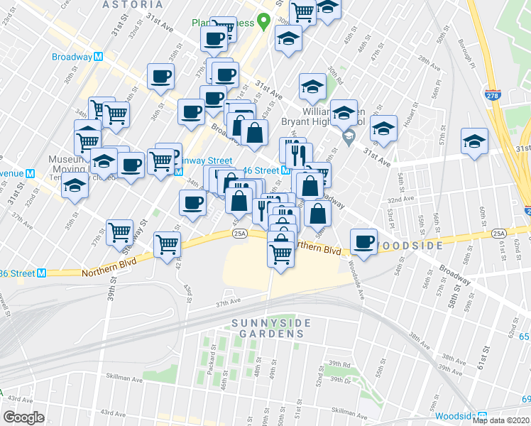 map of restaurants, bars, coffee shops, grocery stores, and more near 32-69 46th Street in Queens