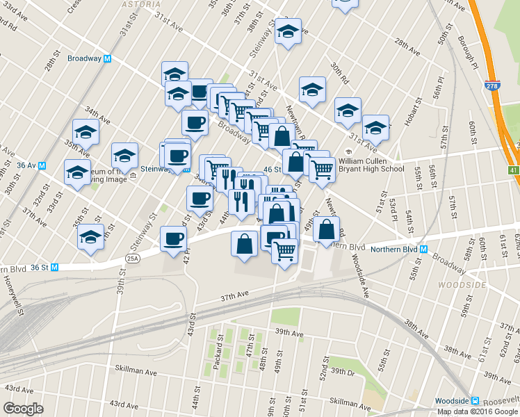 map of restaurants, bars, coffee shops, grocery stores, and more near 32-69 46th Street in Queens