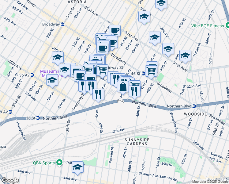 map of restaurants, bars, coffee shops, grocery stores, and more near 34-15 43rd Street in Queens