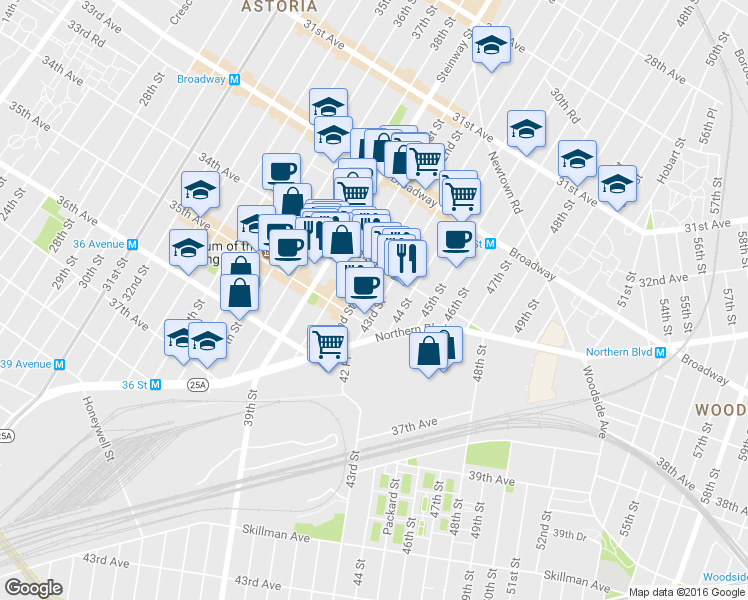 map of restaurants, bars, coffee shops, grocery stores, and more near 34-34 42nd Street in Queens