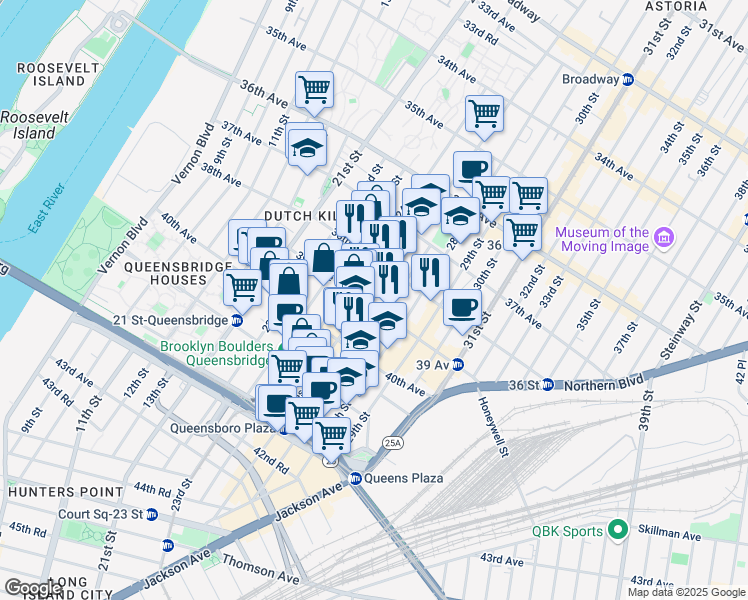 map of restaurants, bars, coffee shops, grocery stores, and more near 38-27 Crescent Street in Queens
