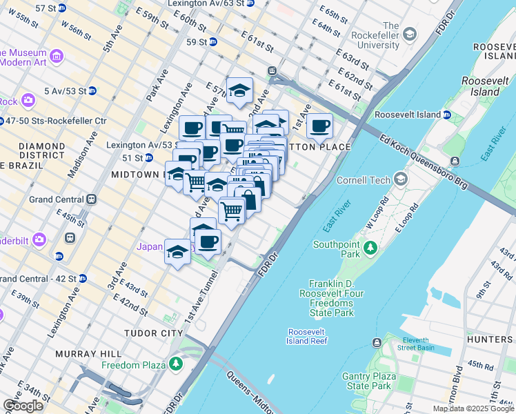 map of restaurants, bars, coffee shops, grocery stores, and more near 941 1st Avenue in New York