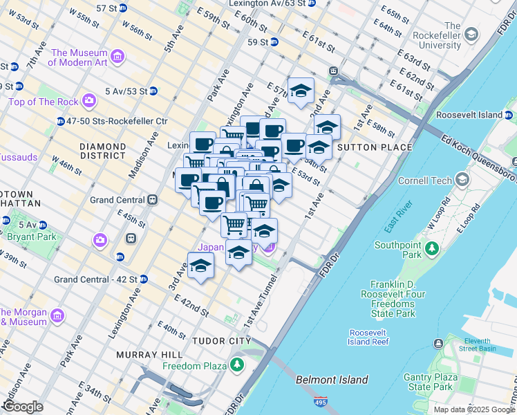 map of restaurants, bars, coffee shops, grocery stores, and more near 234 East 50th Street in New York