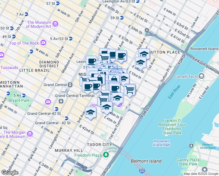 map of restaurants, bars, coffee shops, grocery stores, and more near 234 East 50th Street in New York