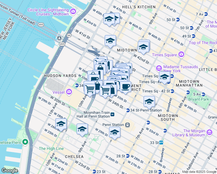 map of restaurants, bars, coffee shops, grocery stores, and more near 416 West 36th Street in New York