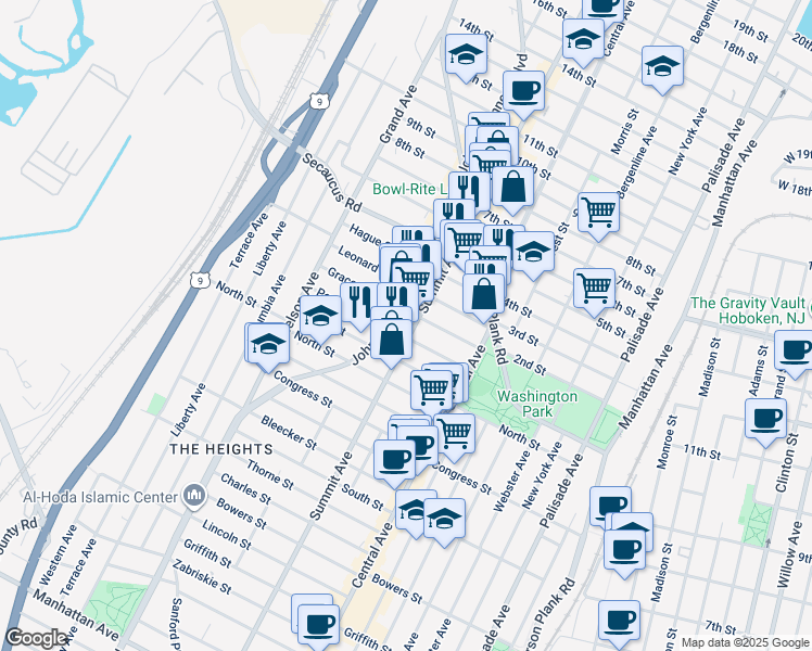 map of restaurants, bars, coffee shops, grocery stores, and more near in Jersey City