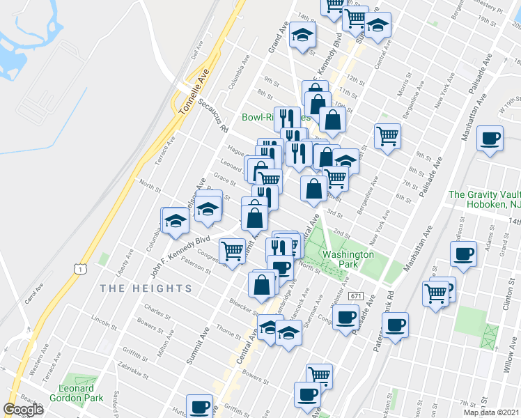 map of restaurants, bars, coffee shops, grocery stores, and more near 3664 John F. Kennedy Boulevard in Jersey City